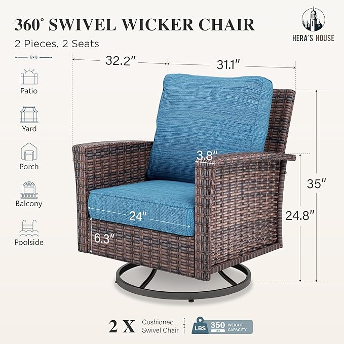 HERA'S HOUSE Outdoor Swivel Chairs Set of 2 with 5.5" Thick Cushions, High Back Patio Furniture, Oversized Wicker Rattan Chairs for Deck Balcony Backyard, Blue