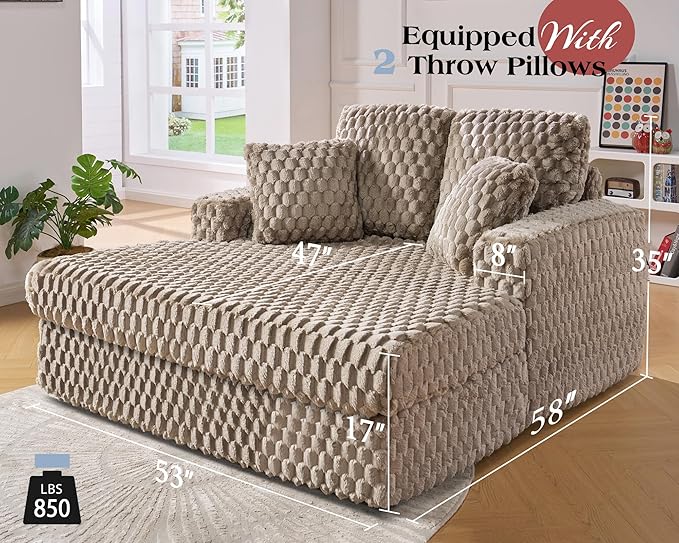 VanAcc 53 Inch Chaise Lounge Indoor, Plush Sleeper Chair with Throw Pillows, Upholstered Sofa Bed with Armrests, Plush Chair Bed for Living Room(Brown)