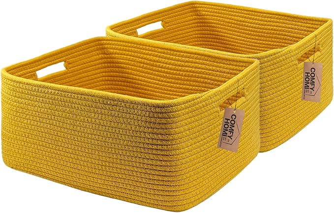 COMFY-HOMI 2 pcs Large Storage Baskets for Shelves, Laundry Basket, Woven Rope Basket, Closet Organizer Bins for Clothes Blanket Towels, Baby Nursery, Gift Toy Baskets, 17” x 13” x 7.5”-yellow