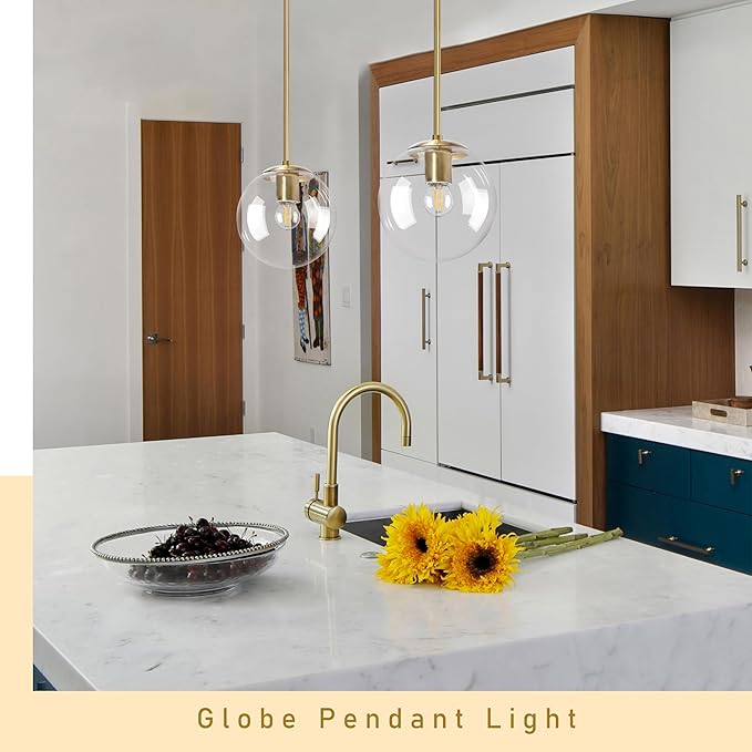 8" Globe Pendant Light Gold Mid Century Modern Light Fixture Clear Glass Pendant Lights Kitchen Island Modern Pendant Lights Brushed Brass Finished with Clear Glass Lampshade for Bedroom
