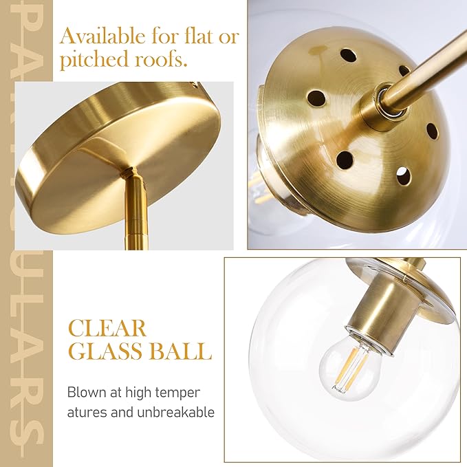 8" Globe Pendant Light Gold Mid Century Modern Light Fixture Clear Glass Pendant Lights Kitchen Island Modern Pendant Lights Brushed Brass Finished with Clear Glass Lampshade for Bedroom