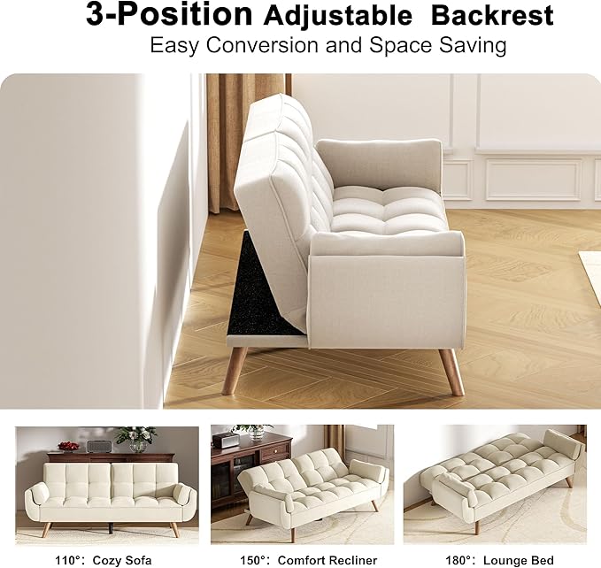 Futon Couch for Small Spaces & Apartment, 2-in-1Modern Comfy Loveseat Convertible Sofa Bed, 75.4-Inch Compact Design for Living Room, Dorms, and Studios-Beige