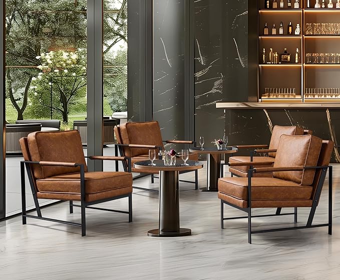 Yaheetech PU Leather Armchairs, Retro Leisure Accent Chair with Extra Soft Padded and Cushion, 105 Degree Slant Back, Modern Reading Arm Chair for Living Room/Office/Bedroom/Study, 2pcs, Light Brown