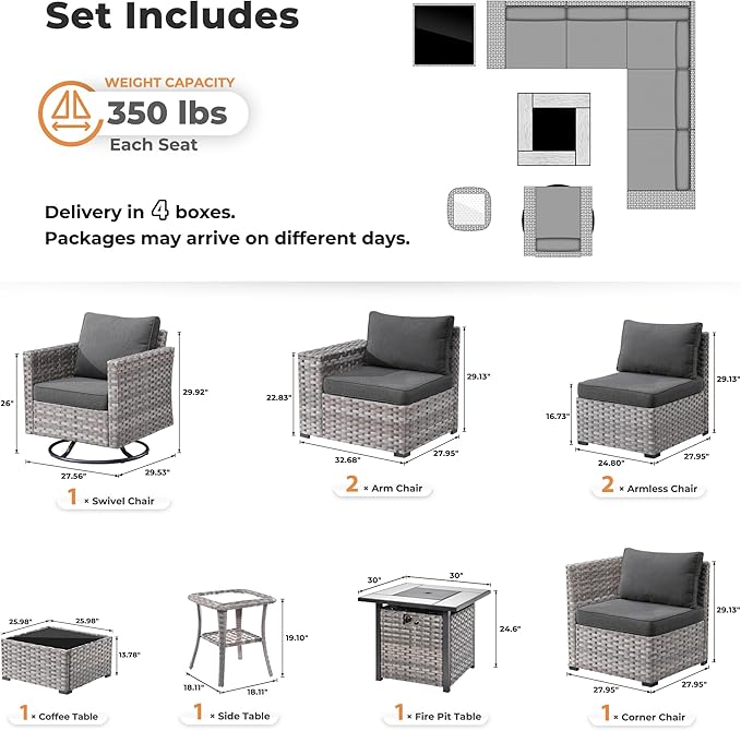 ovios 9 Pieces Patio Furniture Set, Outdoor Wicker Sectional Sofa with 30" Fire Pit Table Swivel Chair, Modern Modular Deep Seat Rattan Couch Conversation Sets, Black