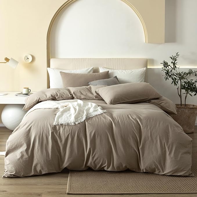 JIYUAN 100% Washed Cotton Duvet Cover Set 3 Pieces Queen, 1 Duvet Cover 90x90 Inches(Comforter Not Included) and 2 Pillowcases,Linen Feel Bedding Set Comfy and Breathable,Khaki