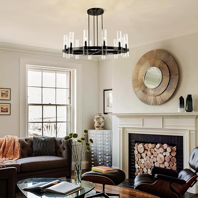 12 Light Black Round Chandelier 36'' Wagon Wheel Chandeliers for Dining Room Light Fixture Clear Glass Tube Chandelier Modern Farmhouse Chandeliers for Living Room Bedroom, Bulb Included