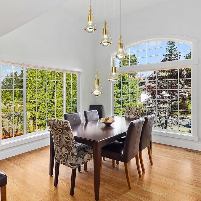 Gold Dandelion Pendant Light in Brushed Brass Finish, 5-Light Modern Crystal Kitchen Island Pendant Lighting Dimmable LED Hanging Ceiling Light Fixture for Bathroom Bedroom