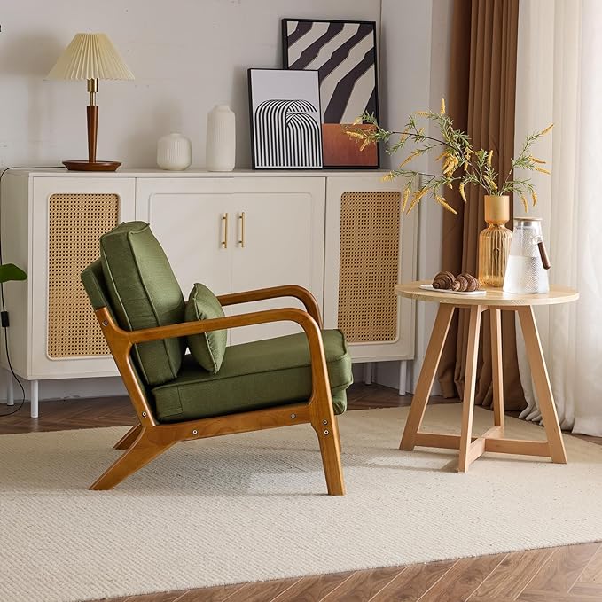 Karl home Accent Chair Mid-Century Modern Chair with Pillow Linen Fabric Upholstered Lounge Arm Chair with Solid Wood Frame & Soft Cushion for Living Room, Bedroom, Balcony, Green