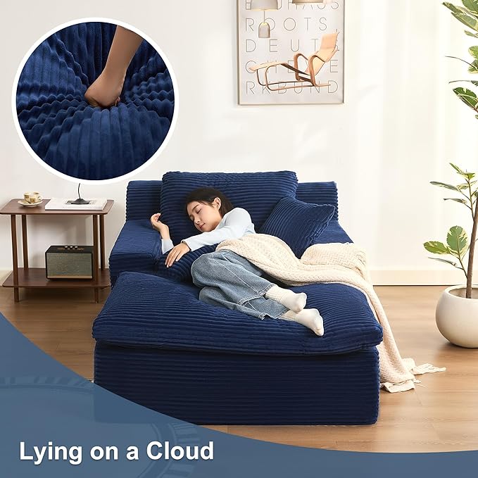 63" Oversized Chaise Lounge Chair Indoor, Extra Cloud Layer, Convertible Sleeper Sofa Couch with Removable Pillows & Side Pockets, Corduroy Upholstered Sofa Bed with Armrests for Living Room, Blue