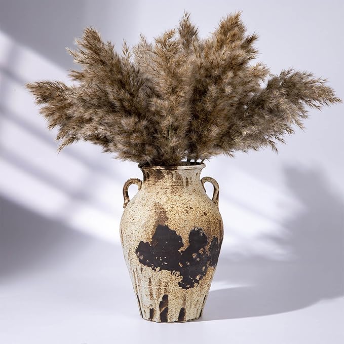 Pottery Vase - Vintage Rustic vase, 10" White Farmhouse Weathered Terracotta Vases, Handmade Clay Vase with Two Handles, Tall Textured Antique vases for Home Decor, Entryway, Fireplace Mantel Deco