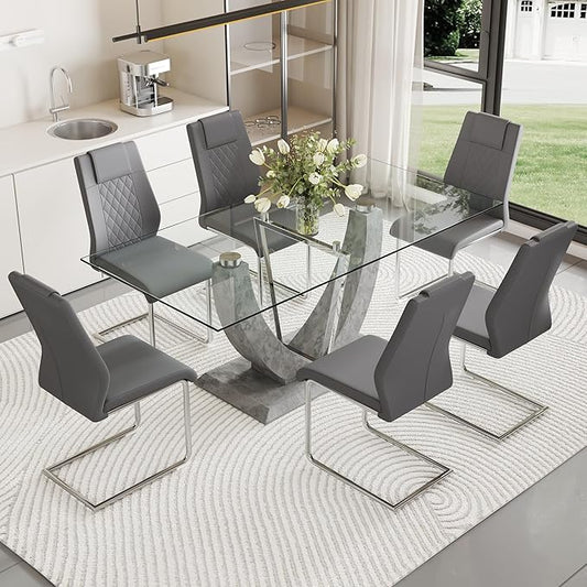 Glass Dining Table Set for 6, 7 PCS Kitchen Table Set with 6 Chairs,71" Tempered Glass Tabletop with Upholstered Chairs, Suitable for Dining Room and Kitchen