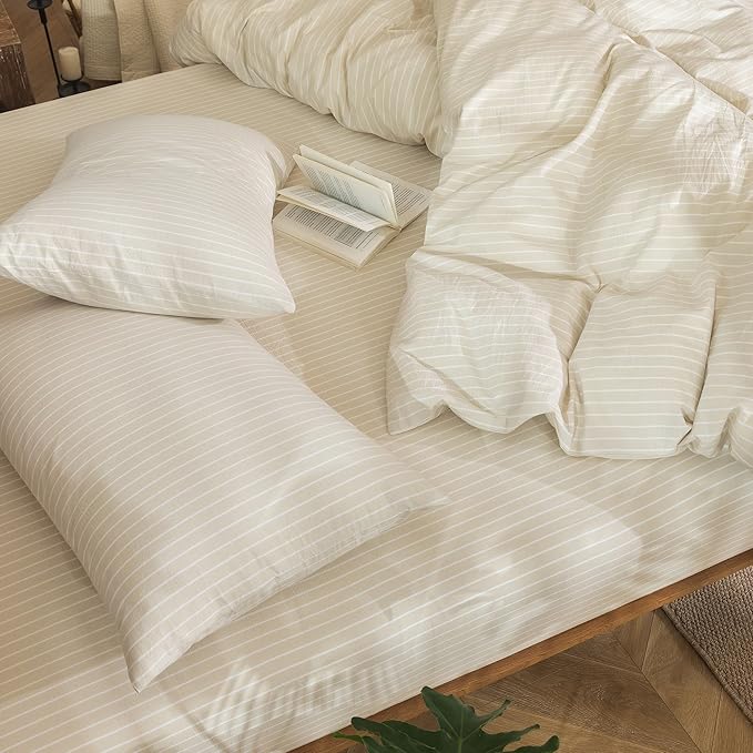 MooMee Striped Duvet Cover Set 100% Washed Cotton Linen Like Textured Breathable Durable Soft Comfy (Almond Milk Grey White Wide Stripes, Oversized Full 82"x86")