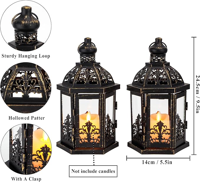 TRIROCKS Set of 2 Vintage Decorative Lanterns 9.5" H Hanging Lantern Metal Candleholder with Tempered Glass for Indoor Outdoor Home Decor Parties Garden Events Wedding(Black with Gold Brush)