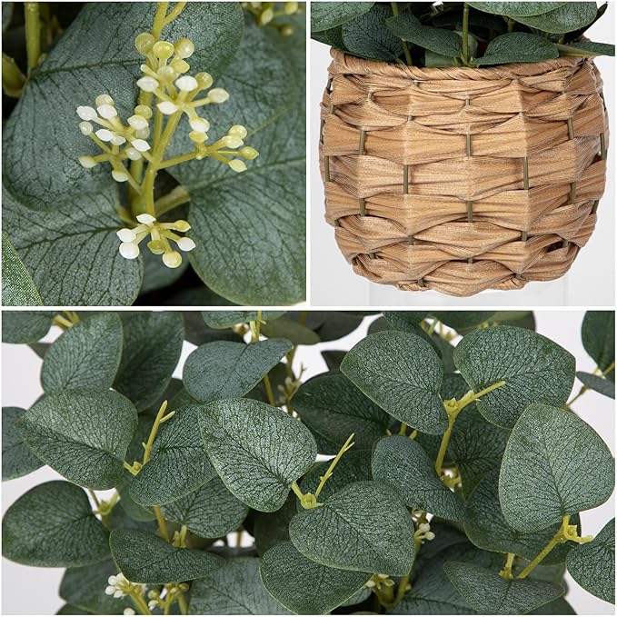DILATATA Artificial Eucalyptus Stems in Woven Basket Planter, 11" Fake Plant Eucalyptus Leaves with White Seeds Faux Potted Plant Greenery for Table Centerpiece Office Indoor Home Decor
