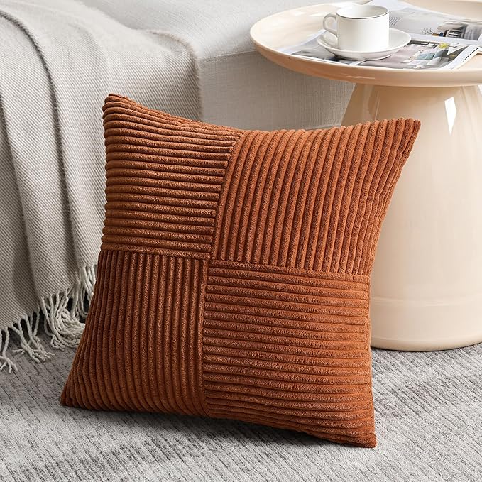 Fancy Homi 2 Packs Rust Euro Decorative Throw Pillow Covers 28x28 Inch for Bedroom Bed, Farmhouse Boho Home Decor, Soft Corss Corduroy Patchwork Textured Square Terracotta Cushion Case 71x71 cm