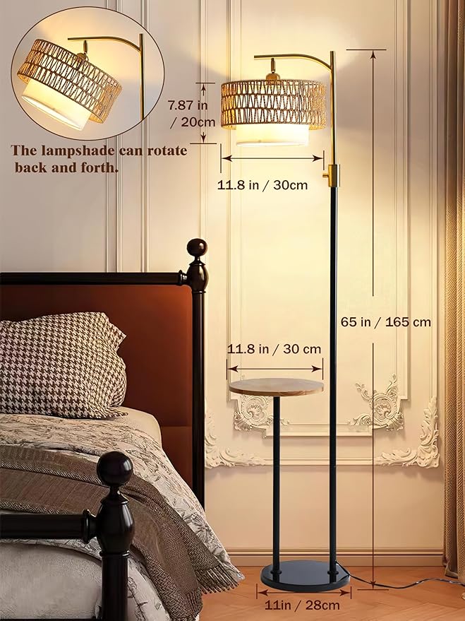 Dimmable Floor Lamp with Table and Marble Base, Arc Floor Lamp with Dimmable Bulb, Boho Farmhouse Standing lamp with Fabric & Rattan Lampshades for Living Room Bedroom (Black and Gold)