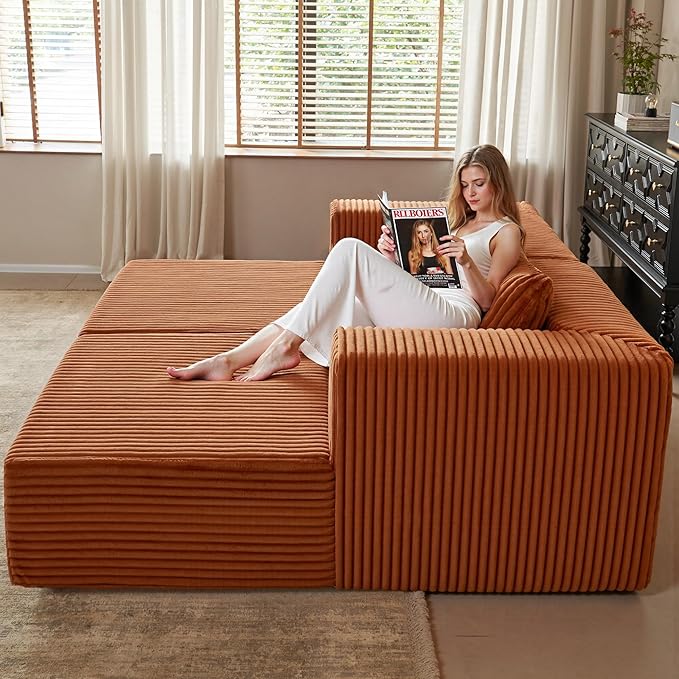 82" Oversized Chaise Lounge Chair, Corduroy Upholstered Sleeper Sofa with 4 Throw Pillows and Wide Armrest for Living Room, No Assembly Required Loveseat Couch, Orange