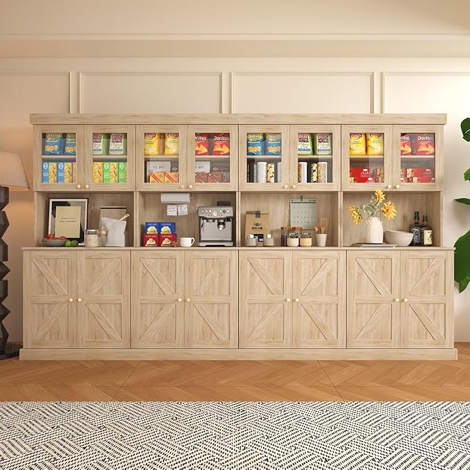 71" Farmhouse Kitchen Pantry Cabinet Set of 4, Brown Freestanding Coffee Bar with Glass Doors, Microwave Stand, Large Storage Hutch with Adjustable Shelves for Kitchen or Living Room