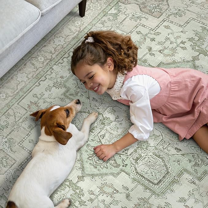 GENIMO 10x14 Area Rugs for Living Room, Machine Washable Non Slip Vintage Rugs, Low Pile Lightweight Chenille Print Rug for Bedroom, Dining Room, Home Office, Oat Light