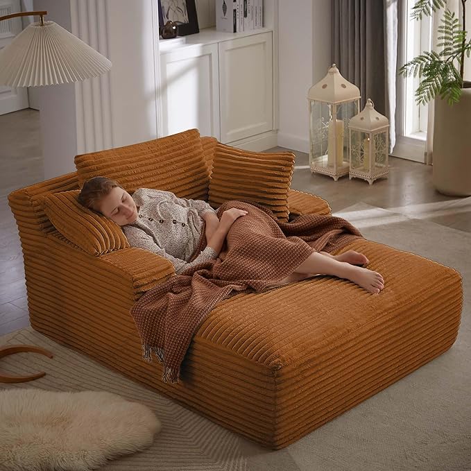 GNIXUU Oversized Chaise Lounge Chair Indoor, Comfy Fluffy Lounge Sofa Upholstered Sleeper Sofa Couch with Throw Pillows and Armrests, Corduroy Plush Chair Bed for Living Room, Orange