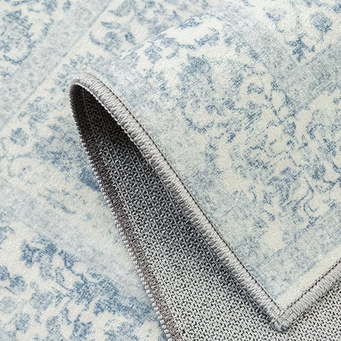 Blue Area Rug 3x5 Office Entryway Rug Machine Washable Kitchen Vintage Distressed Non Slip Carpet Indoor Retro Floral Accent Throw Door Mat for Bathroom Bedroom Dining Living Room
