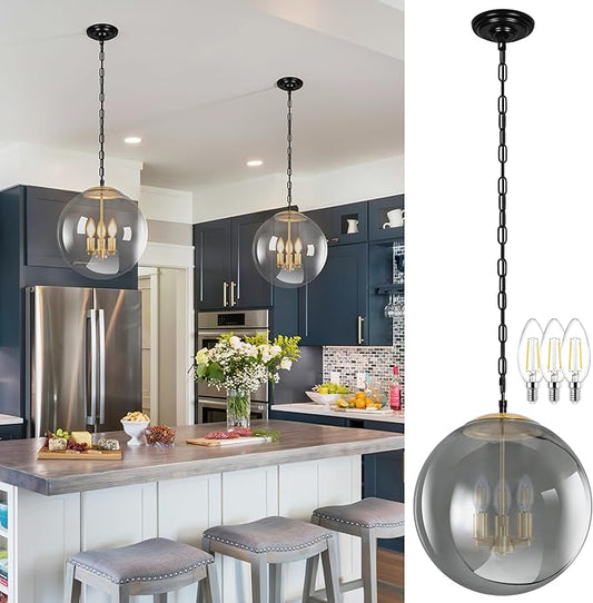 KoKo&Yukina 13.7 Inch Globe Pendant Light Adjustable Gold Globe Pendant Lights Kitchen Island Mid Century Light Fixture with Grey Glass Shade for Living Room