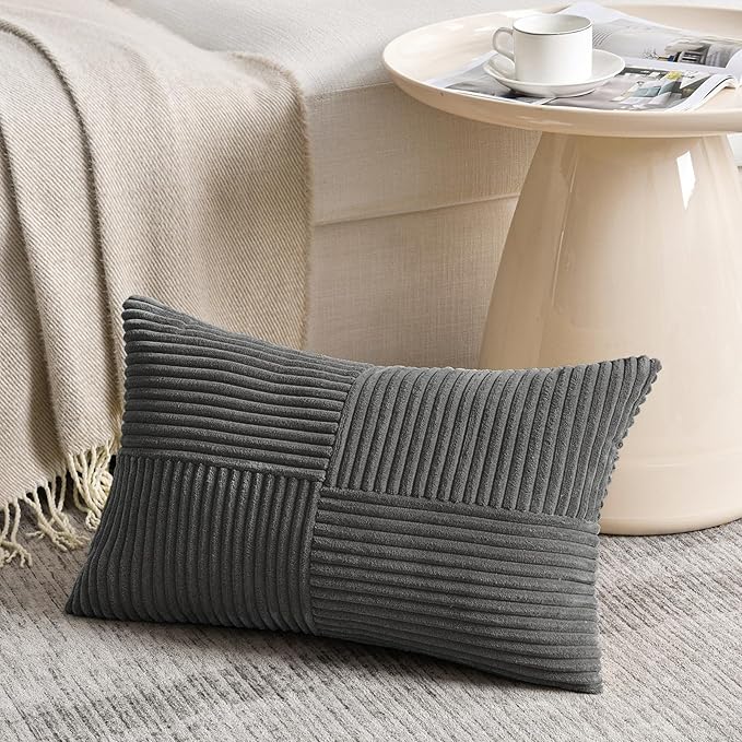 Fancy Homi 2 Packs Dark Gray Lumbar Decorative Throw Pillow Covers 14x24 Inch for Living Room Couch Bed Sofa, Farmhouse Home Decor, Soft Striped Corduroy Rectangle Accent Cushion Case 35x60 cm