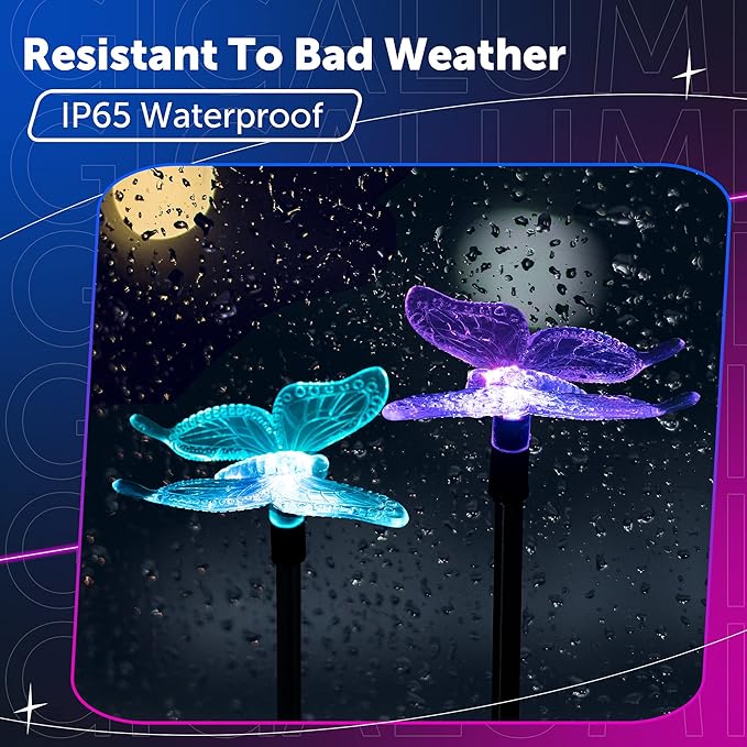 GIGALUMI Solar Garden Lights, 6 Pack Solar Butterfly Lights Decoration, Outdoor Garden Decoration Color Changing LED, Outdoor Decorative for Pathway, Lawn, Patio, Driveway