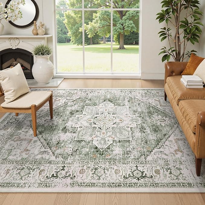 LIVEBOX Washable Area Rug 8x10 - Large Vintage Tribal Living Room Rug Oriental Rugs for Bedroom, Non-Slip Retro Medallion Carpet Print Distressed Rugs for Dining Room Home Office Sage