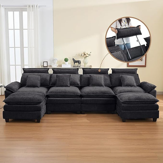 134'' Cloud Modern 4 Seater Couch with Detachable Headrest, Modular Sectional Sofa with 2 Ottoman, Oversized U Shape Chenille Comfy Sofa with Armrests for Living Room, Dark Grey