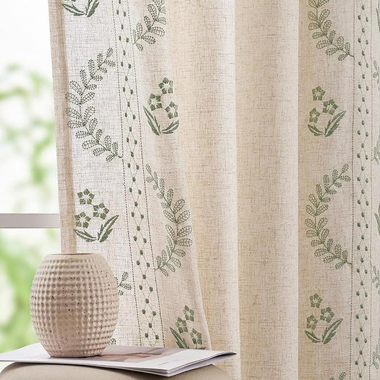 jinchan Belrose Linen Curtains for Bedroom Floral Curtains 96 Inch Length Linen Blend Sage Green Embroidered Drapes Farmhouse Flower Patterned Drapes for Living Room Window Treatments Set 2 Panels