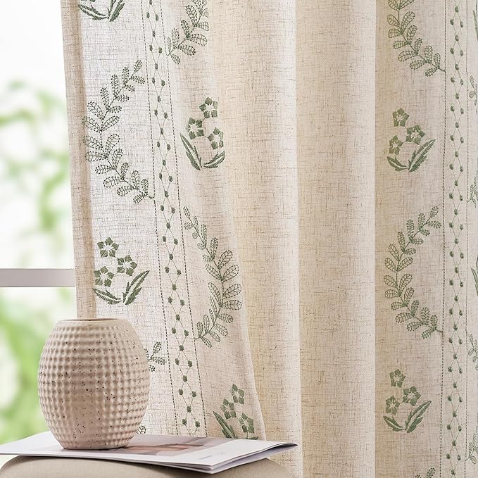 jinchan Belrose Linen Curtains for Bedroom Floral Curtains 84 Inch Length Linen Blend Sage Green Embroidered Drapes Farmhouse Flower Patterned Drapes for Living Room Window Treatments Set 2 Panels