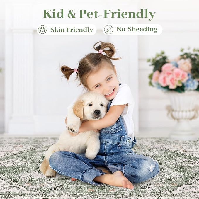 LIVEBOX Washable Area Rug 4x6 Vintage Tribal Bedroom Rugs Vintage Low-Pile Indoor Rug for Living Room, Non-Slip Retro Carpet Print Distressed Accent Carpet for Kitchen Entryway Office Camper, Sage