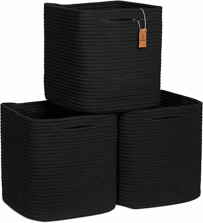 NaturalCozy Storage Cubes 11 Inch Cotton Rope Woven Baskets for Organizing, 3-Pack | Cube Storage Bin | Square Storage Baskets for Shelves Organizer, Classroom, Kids Toy Bins, Closet, Baby Nursery