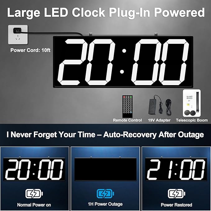 Large Double Sided Digital Wall Clock 19" with Remote Control,Suspended Design for Hospitals, Factories, Airports.