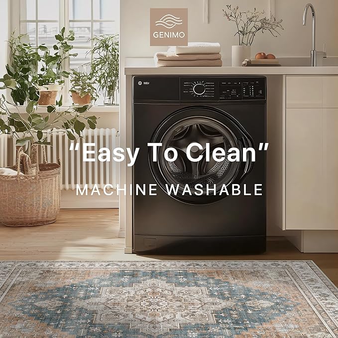 GENIMO 2x10 Runner Rugs for Hallway, Machine Washable Non Slip Vintage Rugs, Low Pile Lightweight Soft Print Rug for enrtyway, Corridor, Home Office, Kitchen, Blue Brown