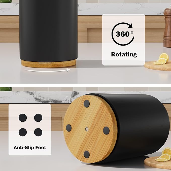 Black Utensil Holder Wood Kitchen Utensil Holder for Countertop, 360°Rotating Cooking Utensil Crock for Counter, 7.2" Large Utensil Organizer for Spatula Kitchen Decor