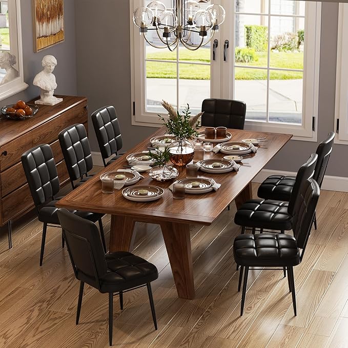 Leather Dining Chairs Set of 4, Upholstered Dining Room Kitchen Chairs with Thick Cushion, High Backrest, Metal Legs, Mid Century Modern Side Chair for Living Room Cafe Restaurant, Ink Black