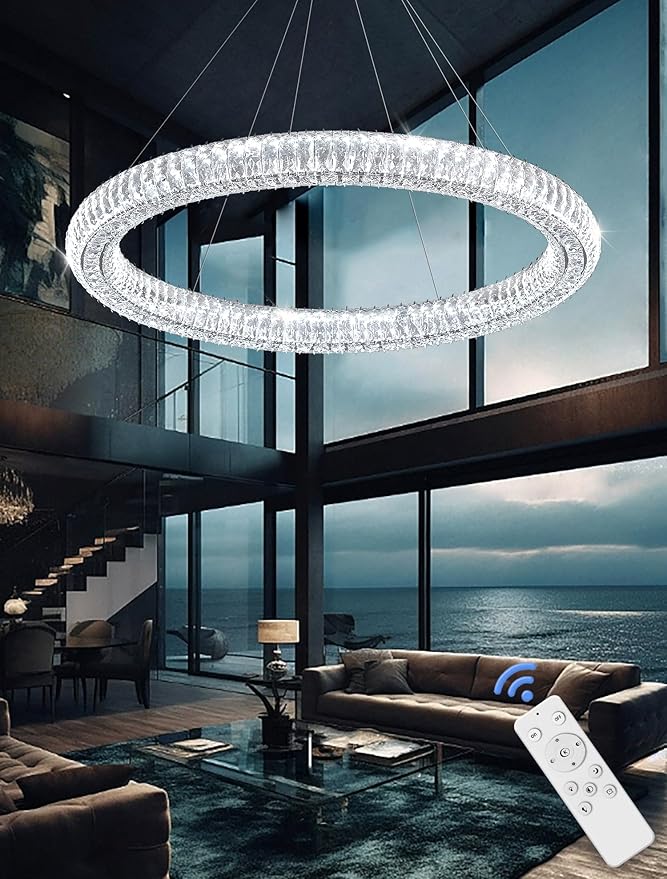 Modern Large 47.5" Ring Crystal Chandelier Dimmable LED Ring Pendant Light Adjustable Chrome Round Crystal Chandelier for Dining Room Living Room