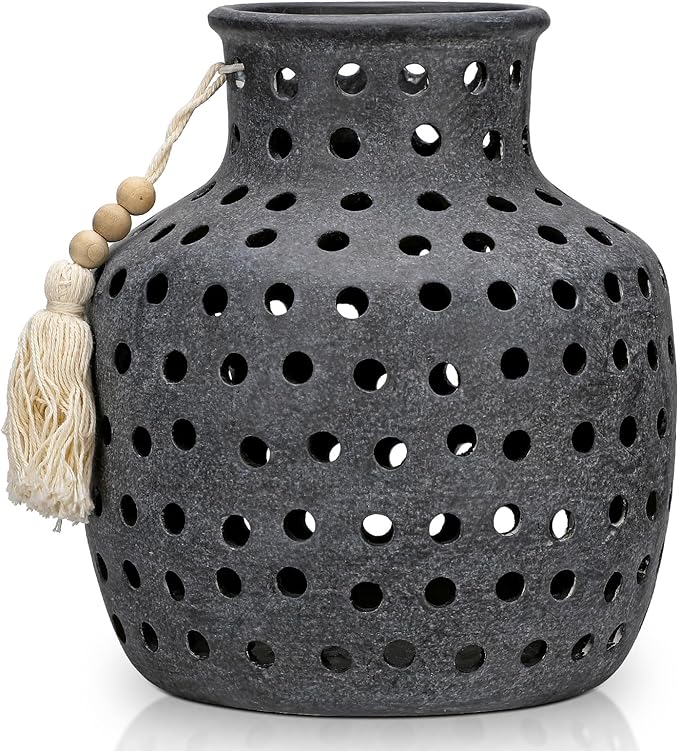 Ceramic Flower Vase Home Decor - 10 Inch Rustic Hollow Black Pottery Vase Modern Farmhouse Vintage for Centerpieces House Living Room Dining Table Shelf Mantel Decoration