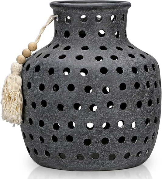 Ceramic Flower Vase Home Decor - 10 Inch Rustic Hollow Black Pottery Vase Modern Farmhouse Vintage for Centerpieces House Living Room Dining Table Shelf Mantel Decoration