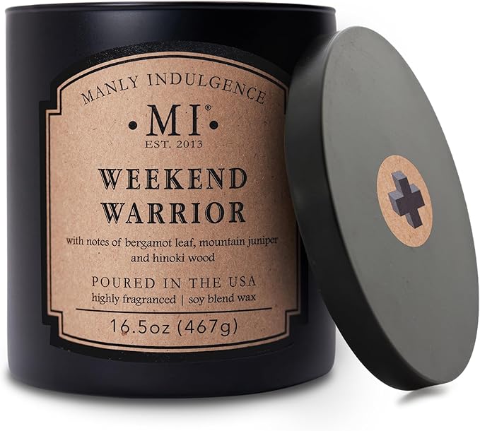 Manly Indulgence Weekend Warrior Scented Candles for Men, 2 Wick, 16.5 oz Premium Soy Blend Wax, 60H Burn, Candles for Home Scented - Made in The USA