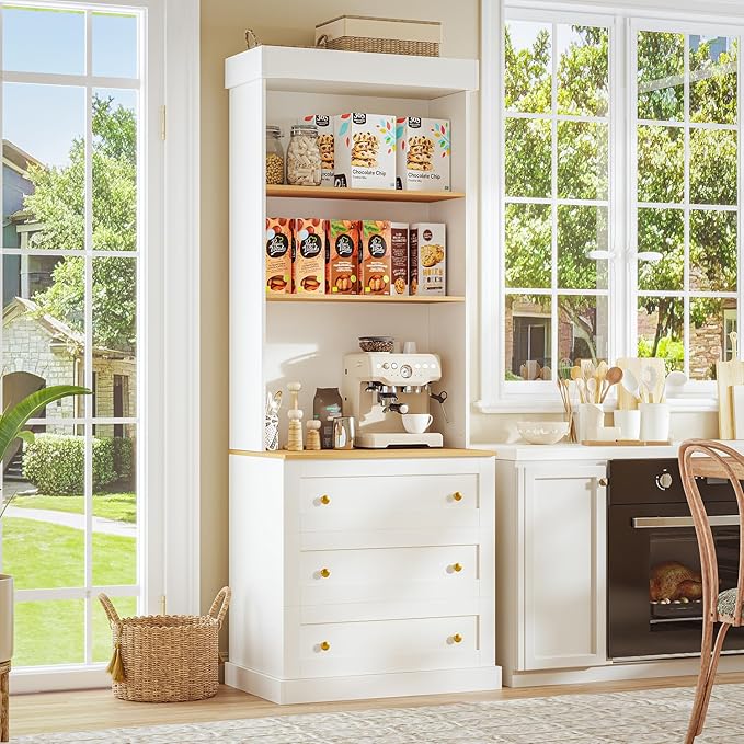 71" Tall Farmhouse Kitchen Pantry, Large Storage Cabinet with Drawers, Freestanding Coffee Bar Hutch with Microwave Stand, Adjustable Shelves for Kitchen, Living Room, White 2 Pcs