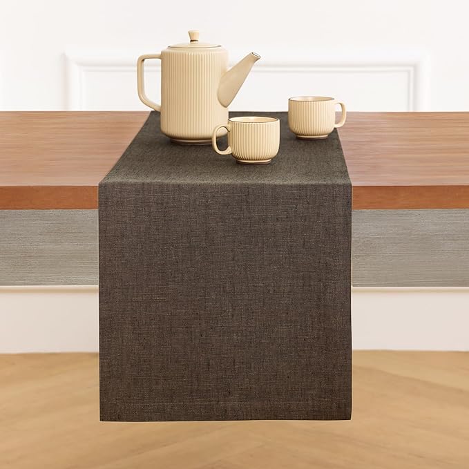 Solino Home Linen Table Runner 90 Inches Long - Athena, 100% Pure Linen Chambray Brown Table Runner 14 x 90 Inch for Dining, Fall, Autumn, Thanksgiving