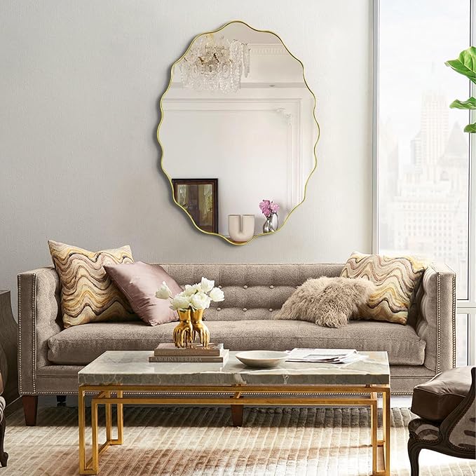 Scalloped Mirror, 35.5"x26" Bathroom Vanity Mirror, Irregular Shaped Mirrors Decorative, Modern Wavy Round Mirrors for Living Room Bedroom Hallway Entryway Fireplace