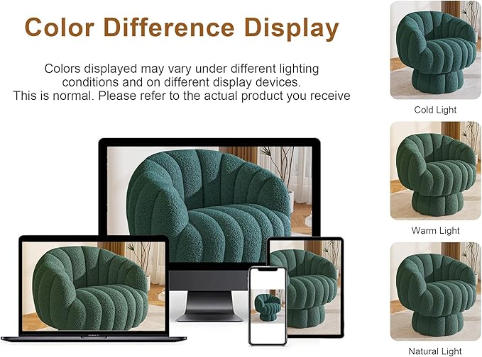 Mid Century Modern 360 Degree Barrel Swivel Accent Sofa Chair,Fluffy Sherpa Fabric Lounge Wide Upholstered Pumpkin Reading Chair, Round Cloud Armchair for Living Room,Bedroom,Vanity(Green)