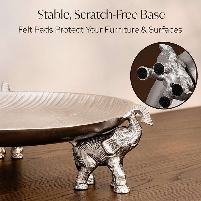 Round Decorative Tray with Elephant Stands, Silvery – Tray for Coffee Table, Home Decor, Centerpiece, Serving Platter & More – Circular Tray with Symbolic Elephants