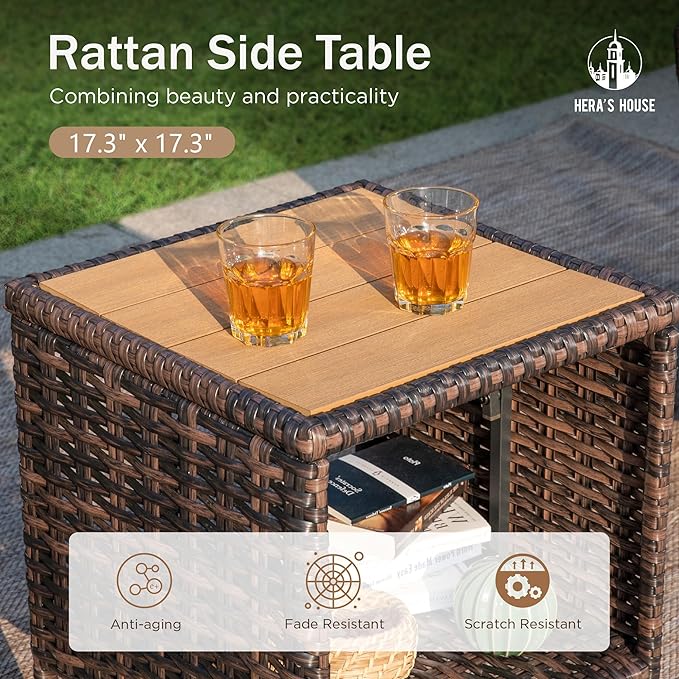 Oversized Patio Wicker Chairs, High Back Outdoor Swivel Chairs Set of 2 with Rattan Side Table, 5.5" Thick Cushions, 3-Piece Patio Furniture Sets for Deck Porch Pool, Brown/Blue