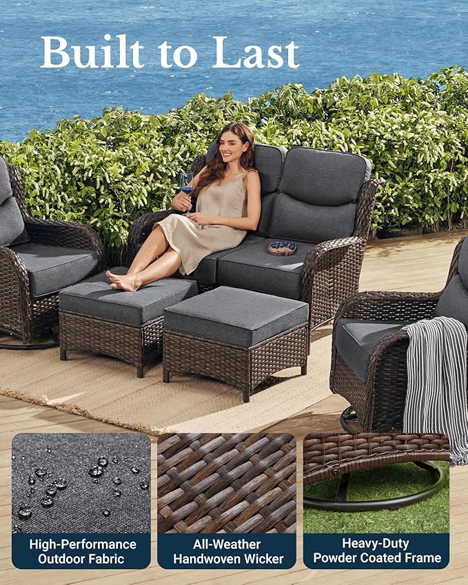 HILLGA Luxury Patio Furniture Set with 6-Inch Thick Cushions, High Back Outdoor Swivel Rocker Chairs and Patio Loveseat, 5-Piece All Weather Conversation Set for Porch Deck Pool Yard, Dark Grey (V3)
