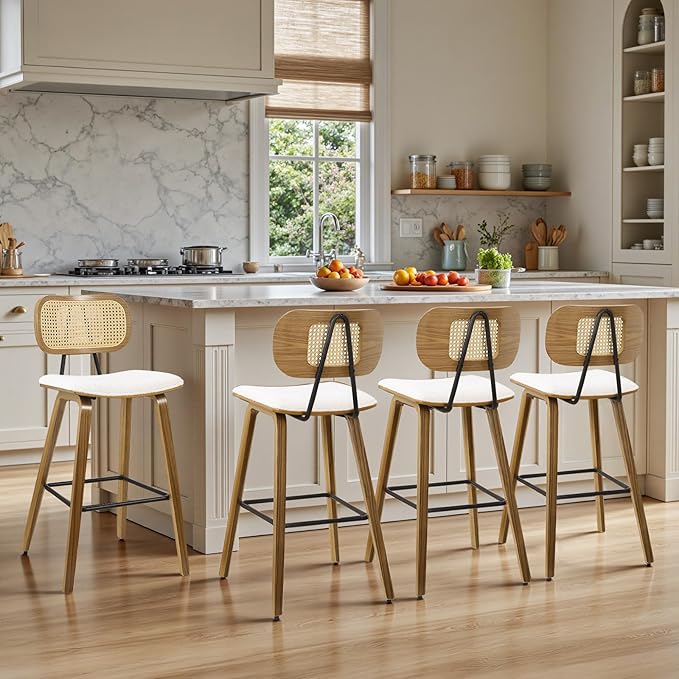 Counter Height Bar Stools Set of 4, Mid Century Modern Counter Stools, 26" Wood Kitchen Stool Boucle Fabric Upholstered Barstool with Rattan Back, Counter Height Island Dining Bar Chair, White